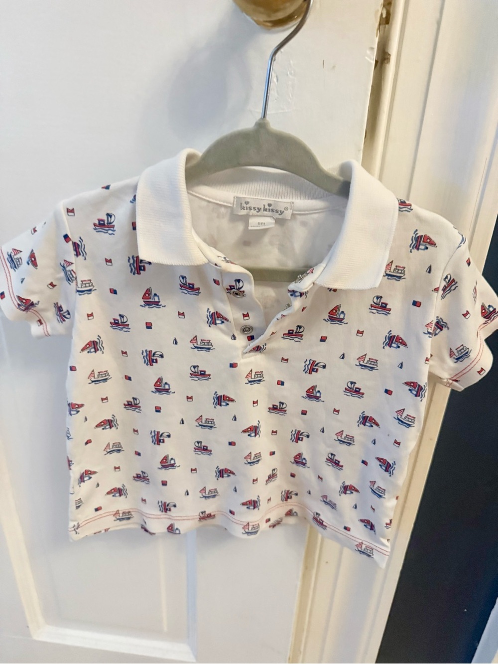 Kissy Kissy White Polo with Red & Blue Nautical Sail Boat Print 9m